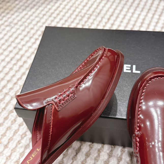 CHANEL 26S LOAFER MULES IN DARK RED GLOSSY CALFSKIN