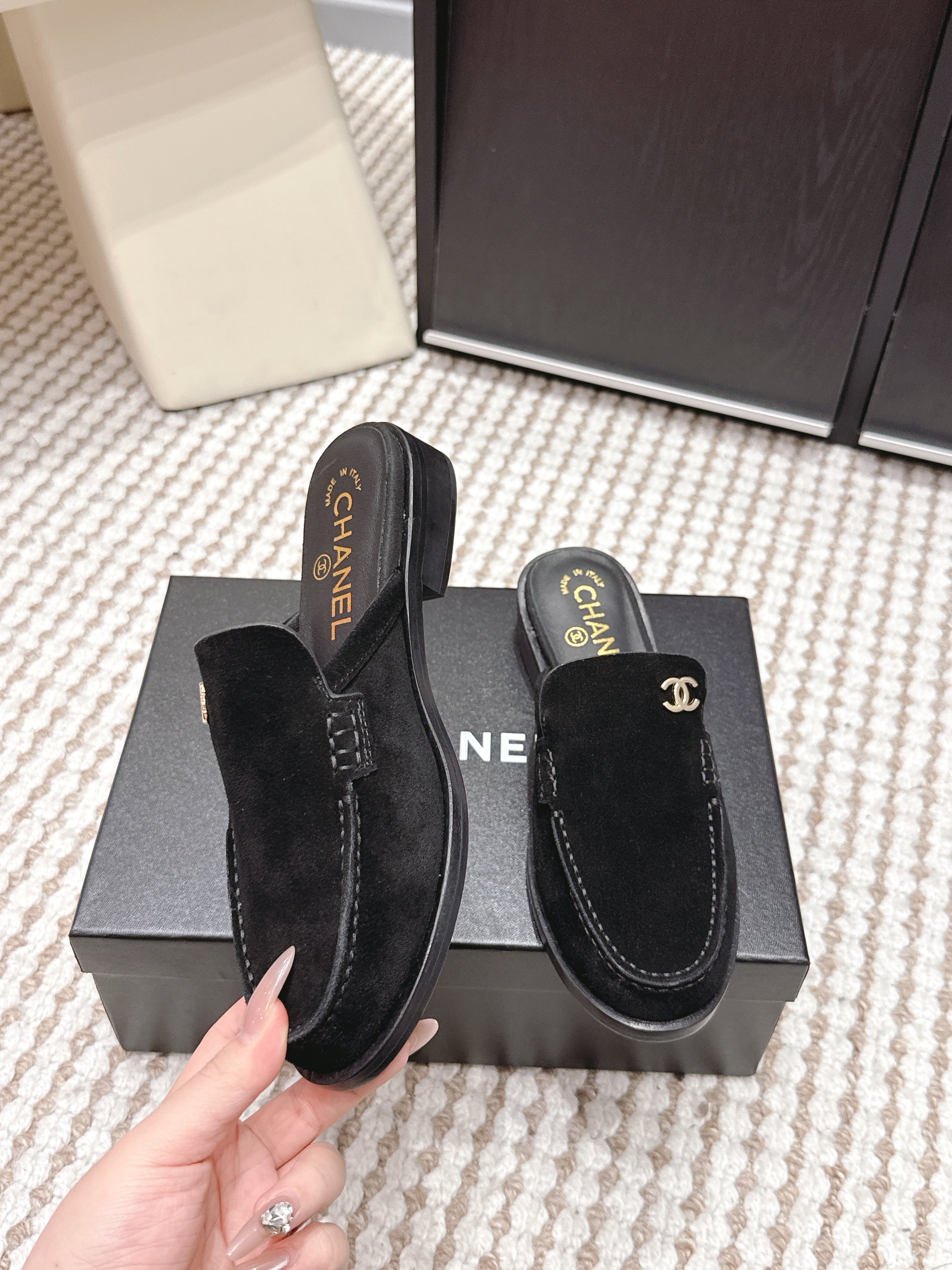 CHANEL 26S LOAFER MULES IN BLACK SUEDE