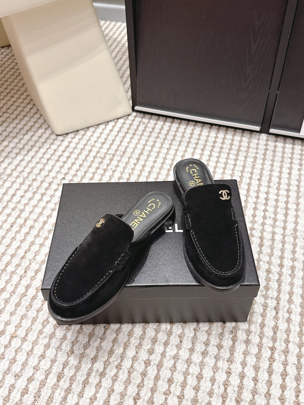 CHANEL 26S LOAFER MULES IN BLACK SUEDE