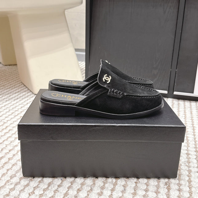CHANEL 26S LOAFER MULES IN BLACK SUEDE