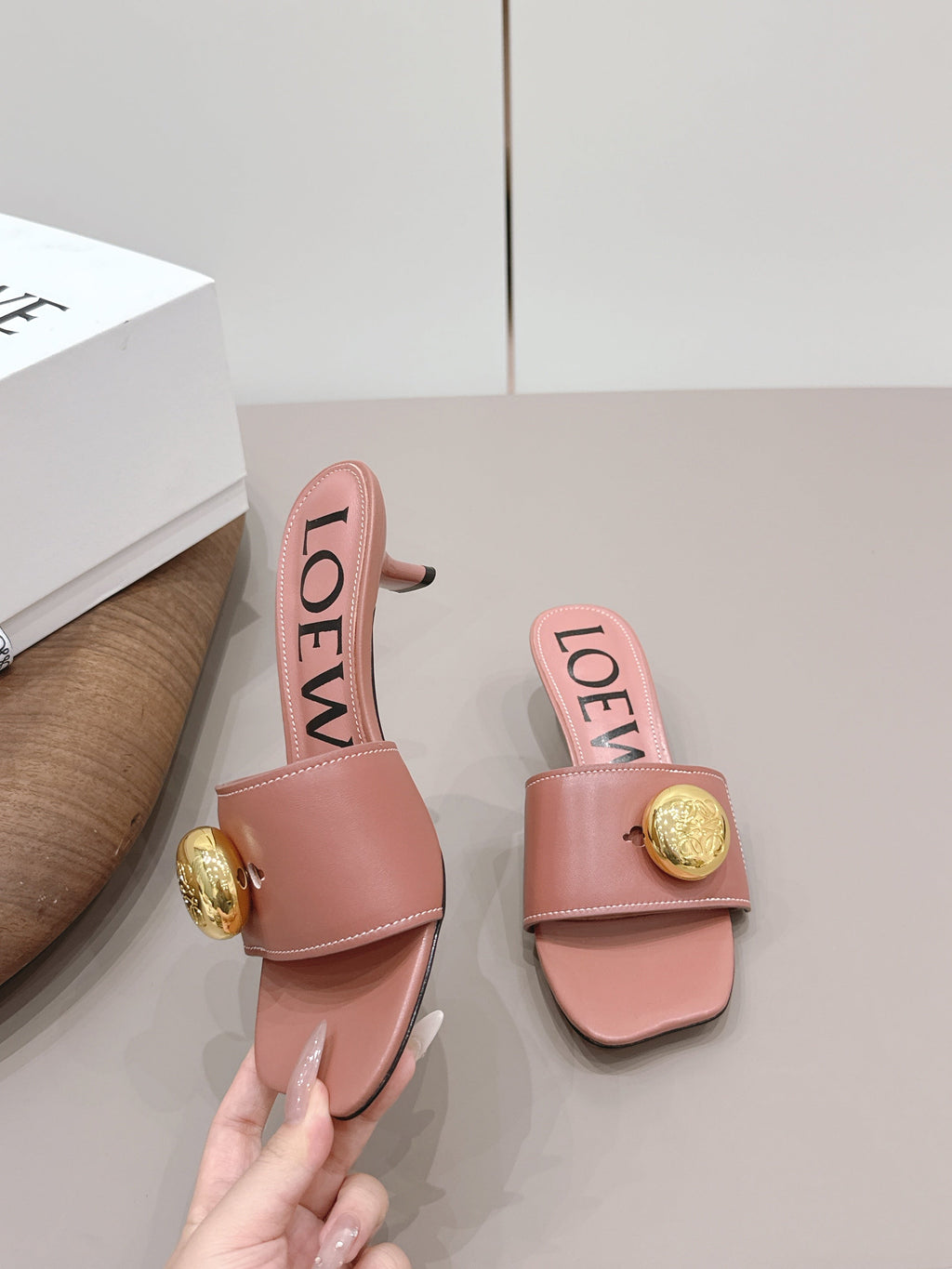 LOEWE 26S SQUARE TOE SANDALS 45MM IN PINK CALFSKIN GOLD HARDWARE