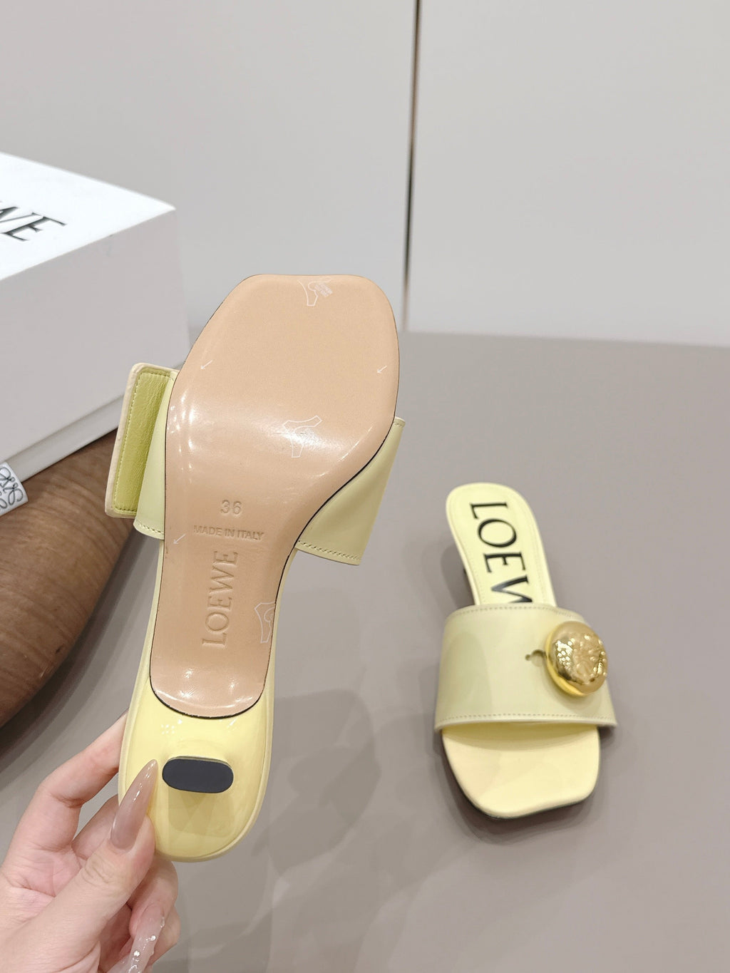LOEWE 26S SQUARE TOE SANDALS 45MM IN LIGHT YELLOW CALFSKIN GOLD HARDWARE
