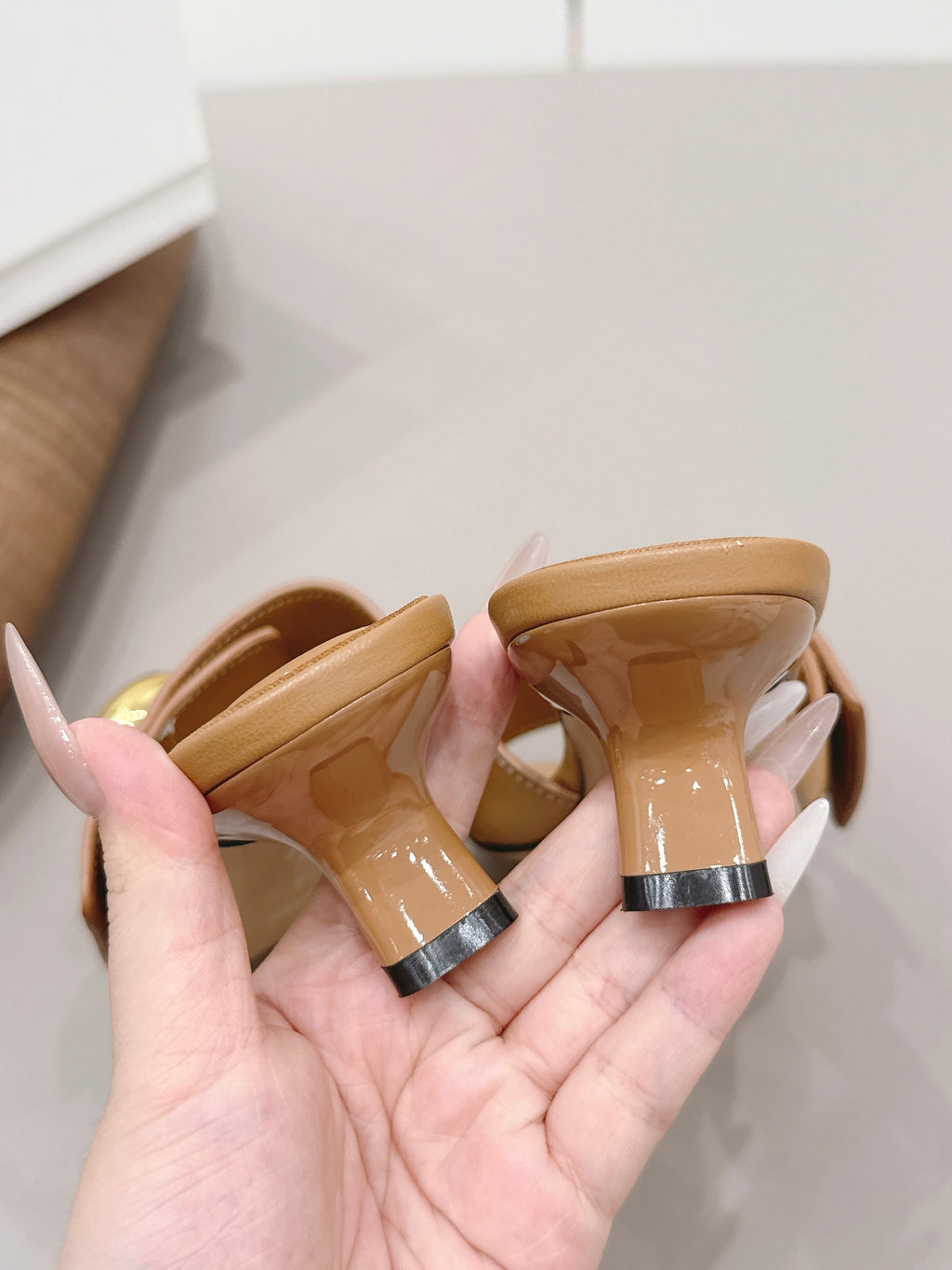 LOEWE 26S SQUARE TOE SANDALS 45MM IN TAN BROWN CALFSKIN GOLD HARDWARE