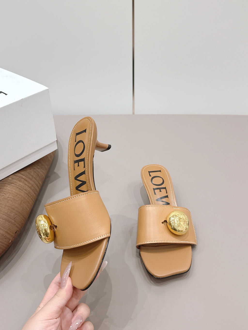 LOEWE 26S SQUARE TOE SANDALS 45MM IN TAN BROWN CALFSKIN GOLD HARDWARE