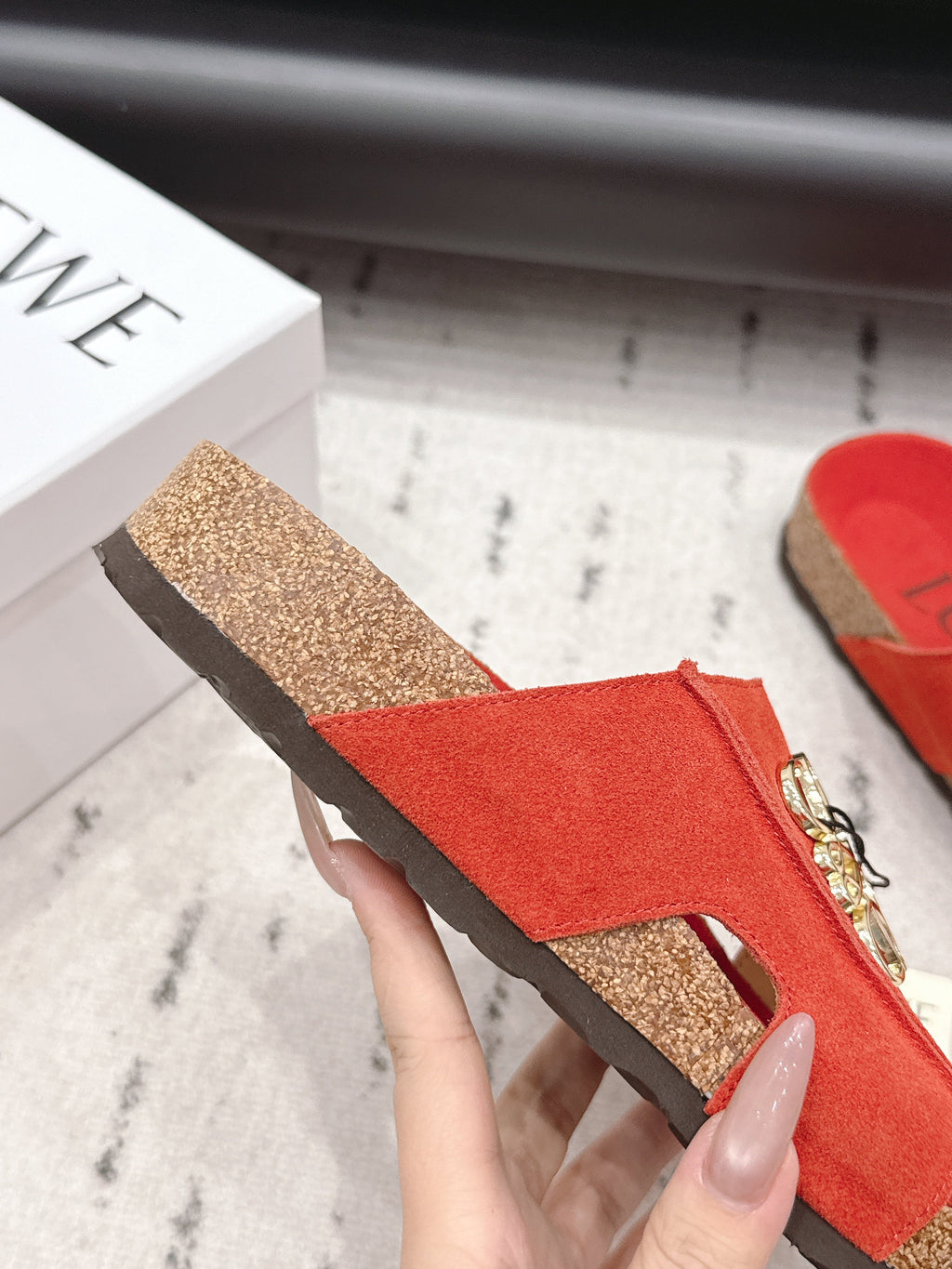 LOEWE 26S FLAT SANDALS IN RED LOGO GOLD HARDWARE