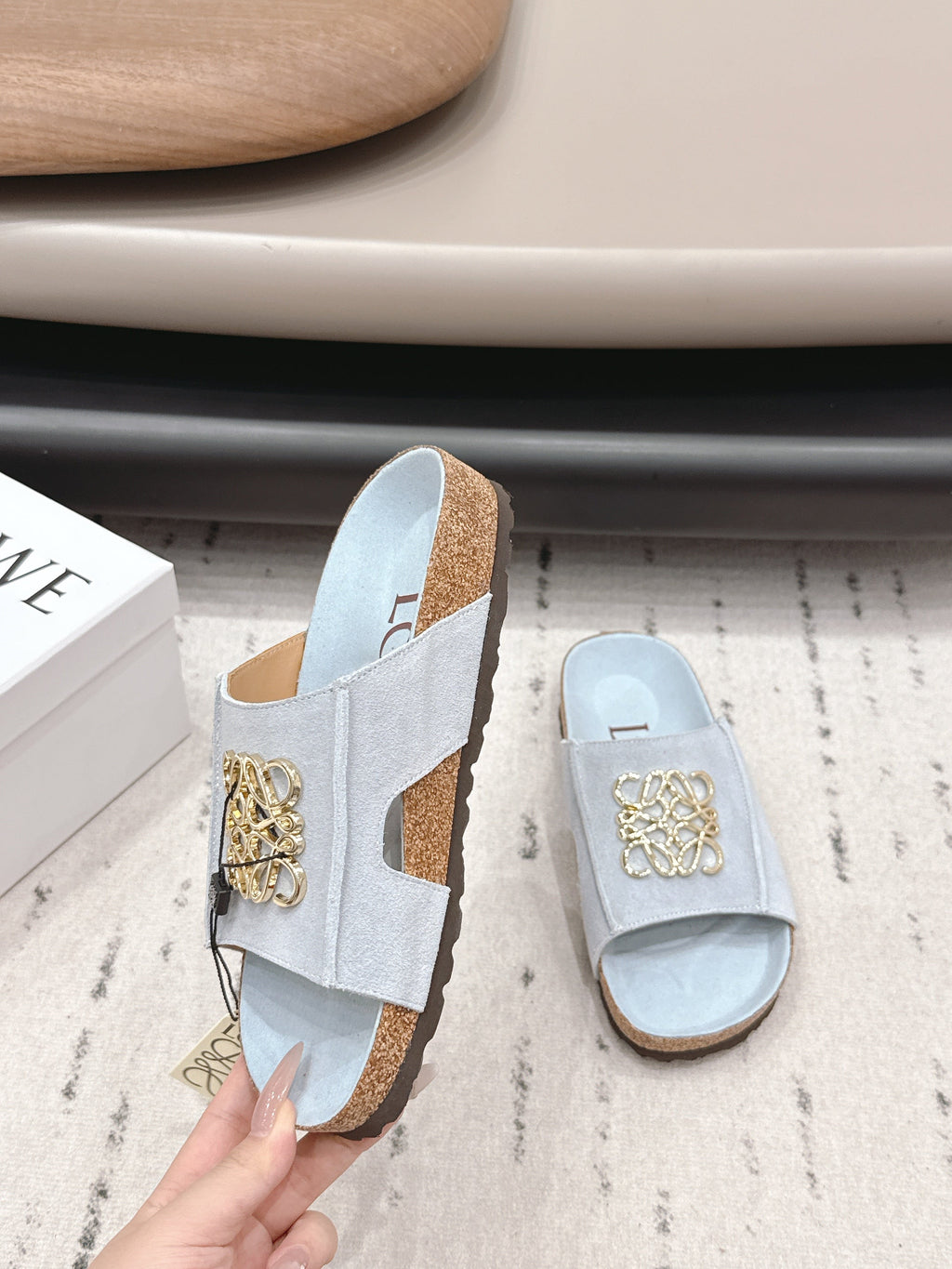 LOEWE 26S FLAT SANDALS IN LIGHT BLUE LOGO GOLD HARDWARE