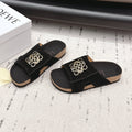 LOEWE 26S FLAT SANDALS IN BLACK LOGO GOLD HARDWARE