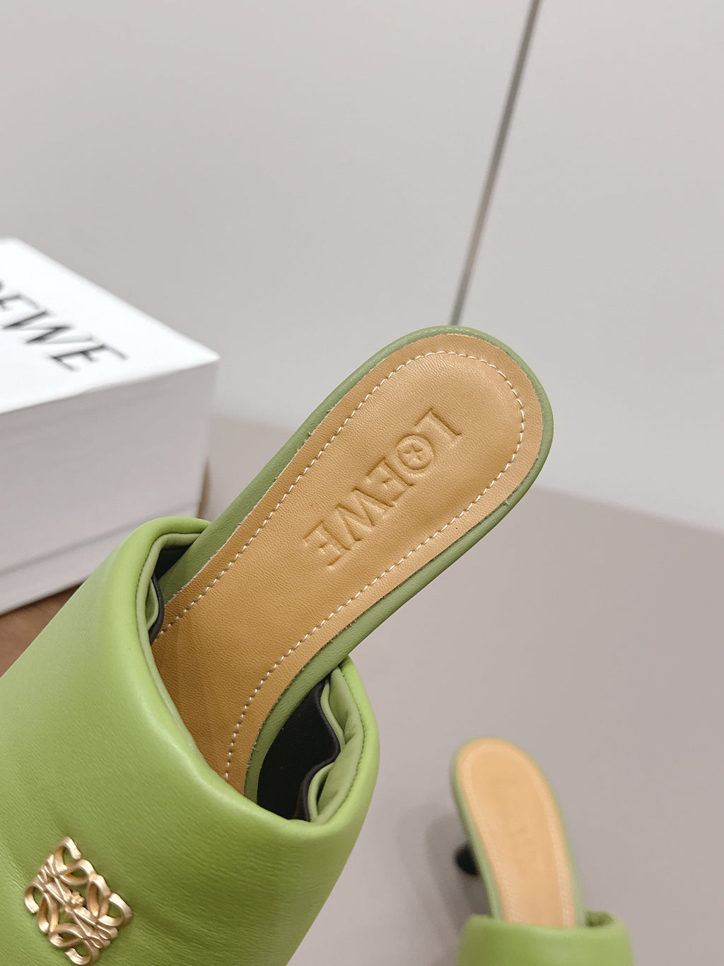 LOEWE 26S MULE HEELS 45MM IN OLIVE GREEN LAMBSKIN GOLD HARDWARE