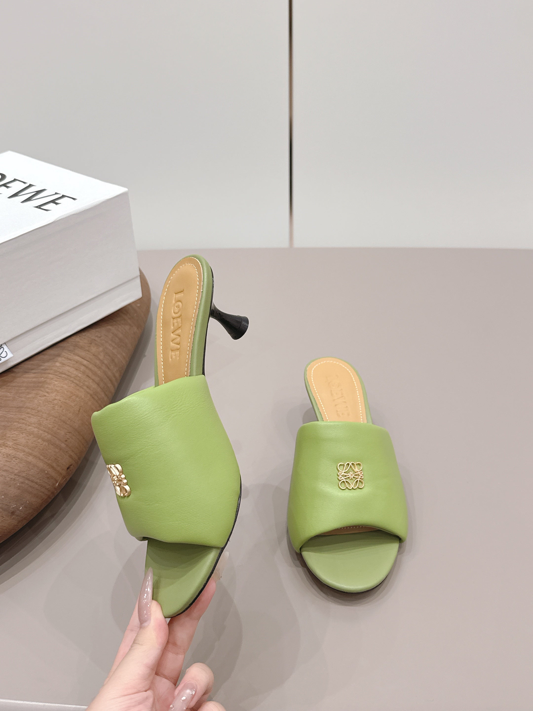 LOEWE 26S MULE HEELS 45MM IN OLIVE GREEN LAMBSKIN GOLD HARDWARE