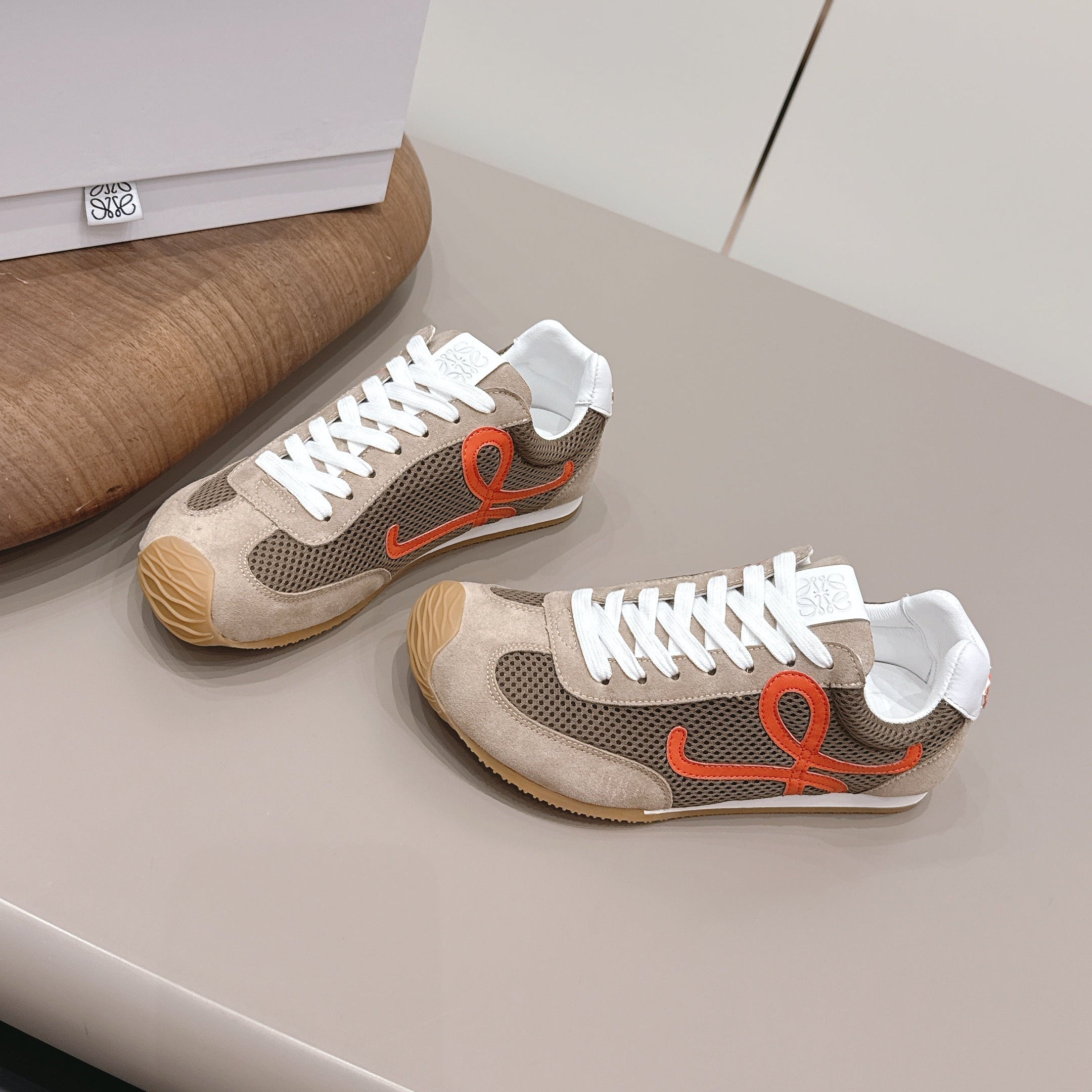 LOEWE 26S BALLET RUNNER 2.0 IN LIGHT BROWN SUEDE AND DARK BROWN MESH