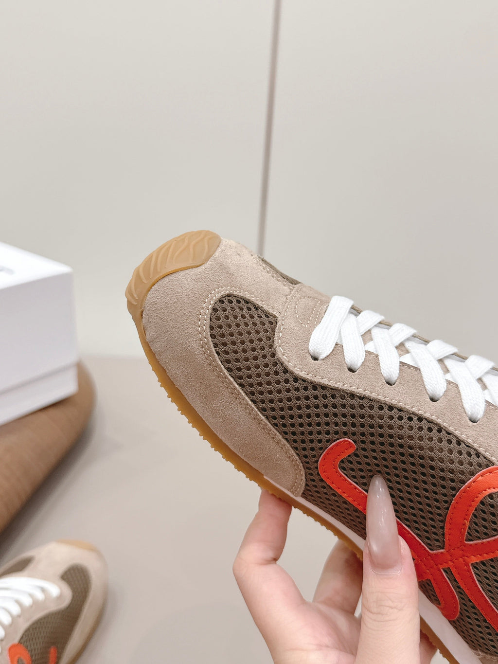 LOEWE 26S BALLET RUNNER 2.0 IN LIGHT BROWN SUEDE AND DARK BROWN MESH