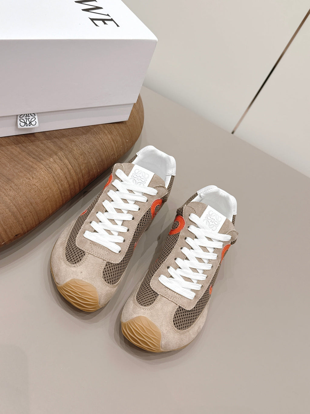 LOEWE 26S BALLET RUNNER 2.0 IN LIGHT BROWN SUEDE AND DARK BROWN MESH