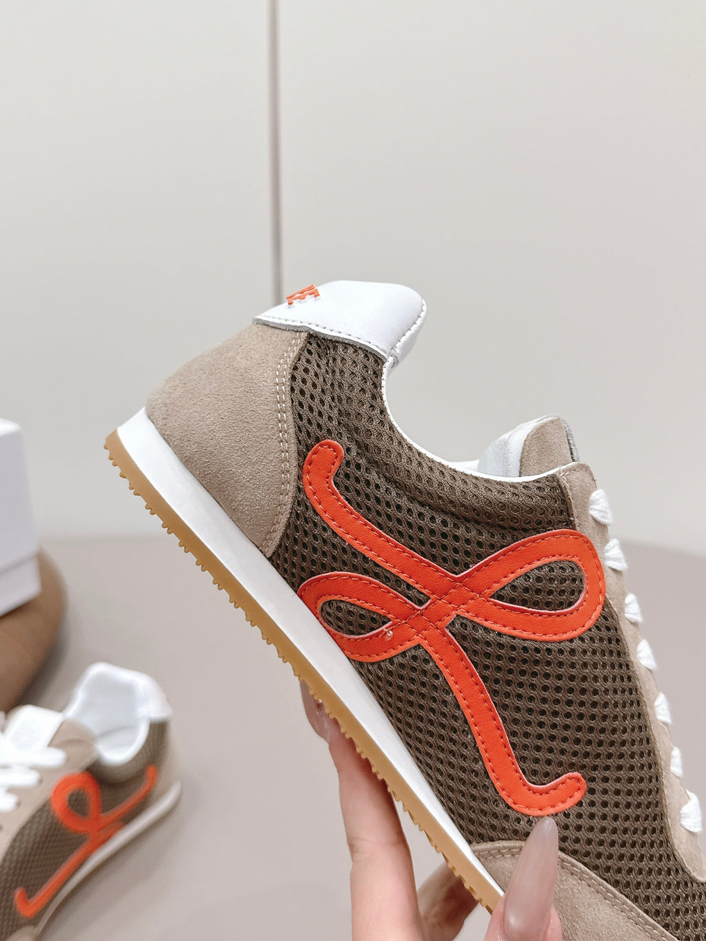 LOEWE 26S BALLET RUNNER 2.0 IN LIGHT BROWN SUEDE AND DARK BROWN MESH