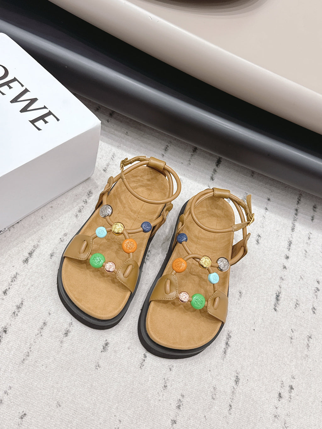LOEWE 26S ROUND TOE WEDGE SANDALS 30MM IN TAN BROWN CALFSKIN AND SUEDE