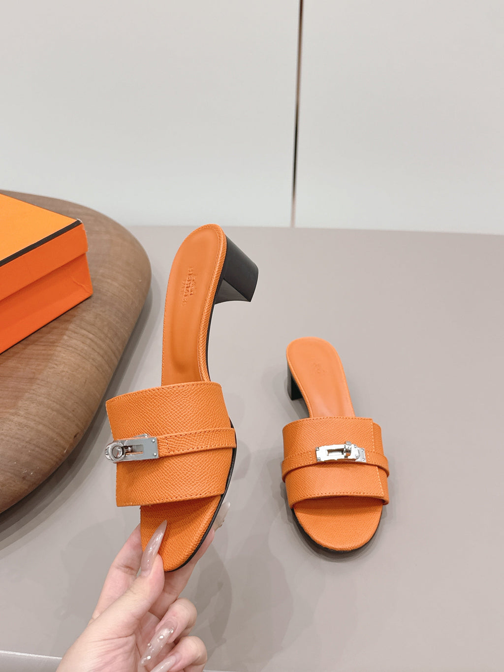HM 26S KELLY HEEL SANDAL 50MM IN ORANGE EPSOM CALFSKIN SILVER HARDWARE