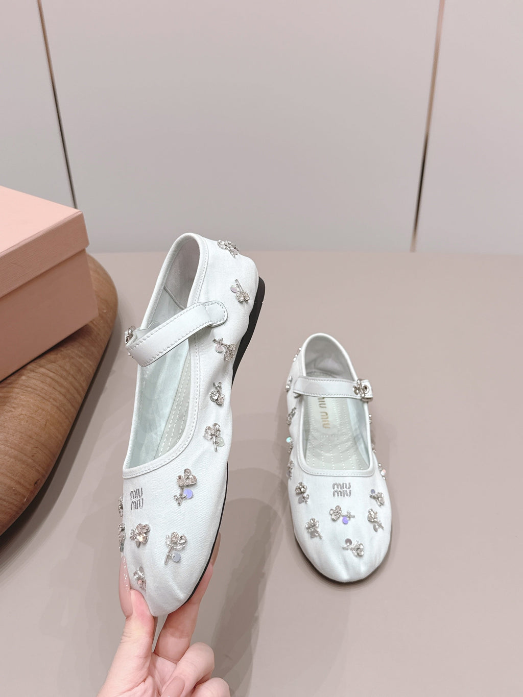 MIUMIU 26S MARY JANE BALLET FLATS IN WHITE FABRIC CRYSTAL EMBELLISHED