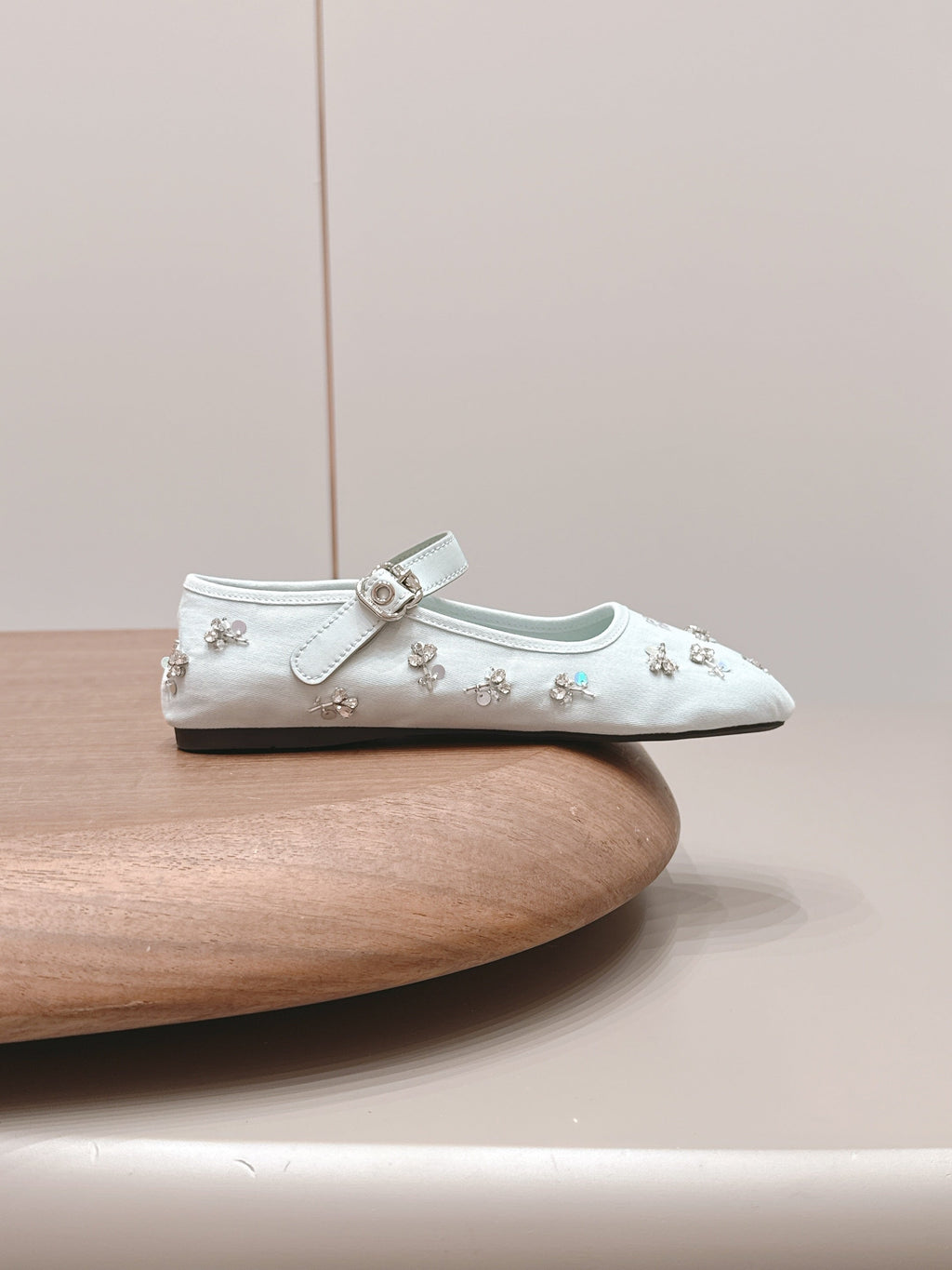 MIUMIU 26S MARY JANE BALLET FLATS IN WHITE FABRIC CRYSTAL EMBELLISHED