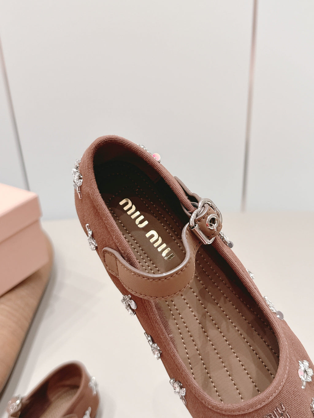 MIUMIU 26S MARY JANE BALLET FLATS IN BROWN FABRIC CRYSTAL EMBELLISHED