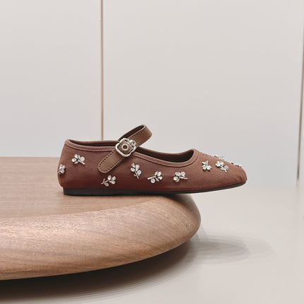 MIUMIU 26S MARY JANE BALLET FLATS IN BROWN FABRIC CRYSTAL EMBELLISHED