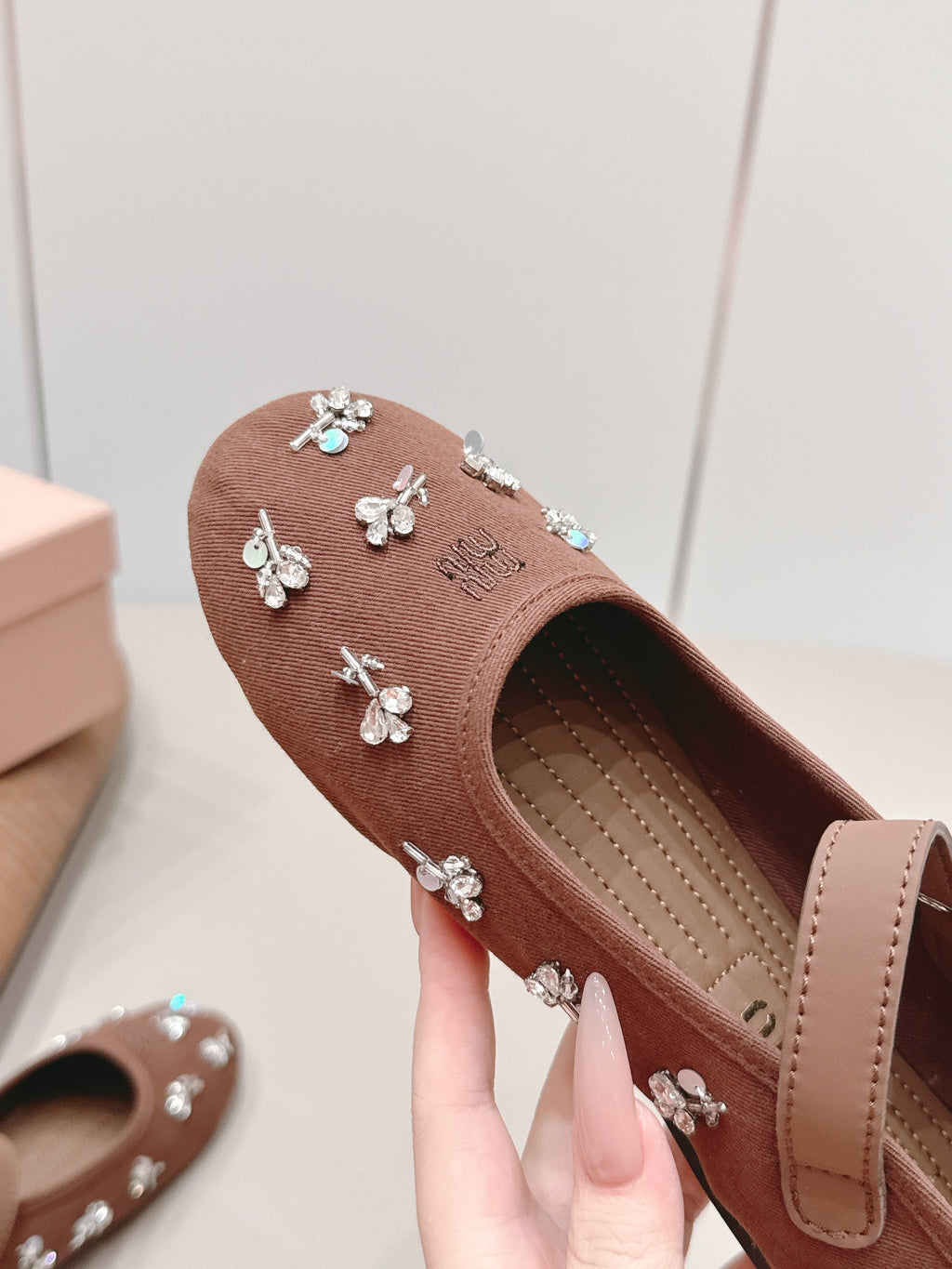 MIUMIU 26S MARY JANE BALLET FLATS IN BROWN FABRIC CRYSTAL EMBELLISHED
