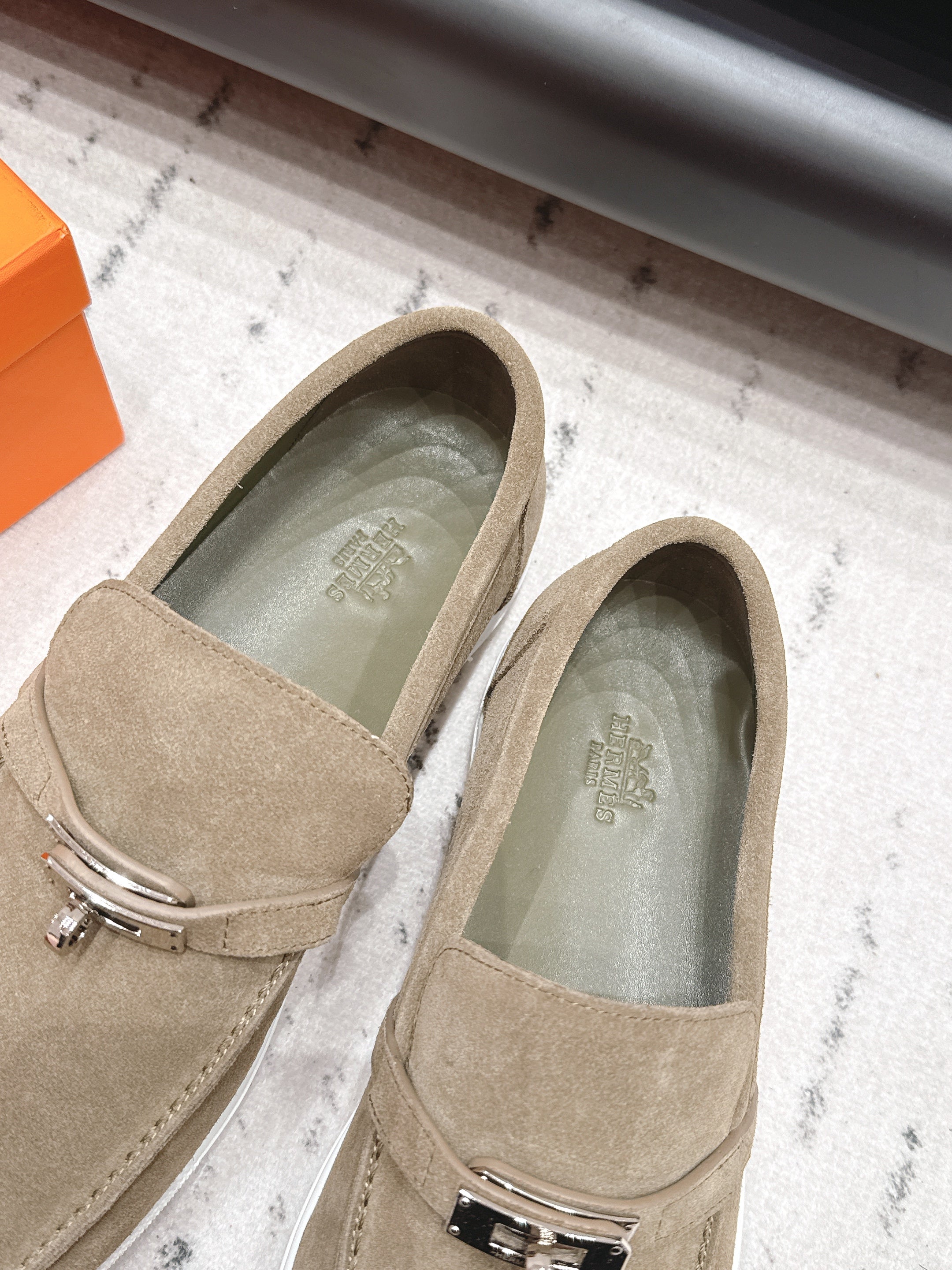 HM 26S KELLY PARIS LOAFERS IN OLIVE BROWN SUEDE SILVER HARDWARE
