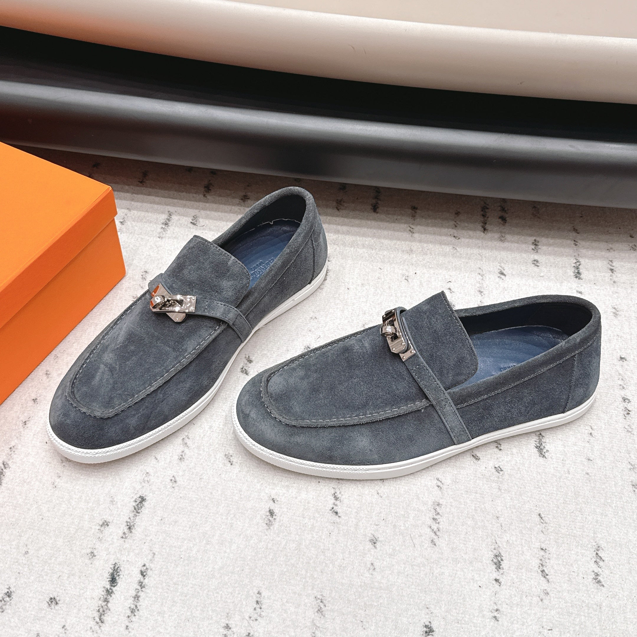 HM 26S KELLY PARIS LOAFERS IN BLUE GREY SUEDE SILVER HARDWARE