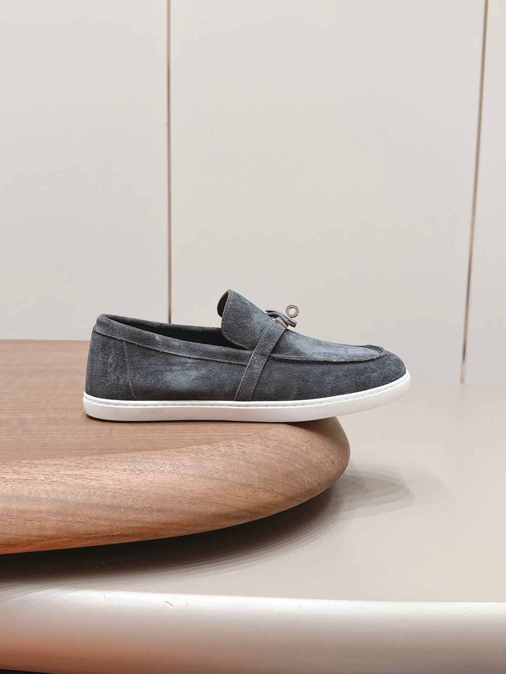 HM 26S KELLY PARIS LOAFERS IN BLUE GREY SUEDE SILVER HARDWARE