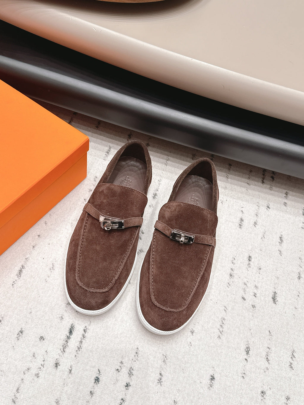 HM 26S KELLY PARIS LOAFERS IN DARK BROWN SUEDE SILVER HARDWARE