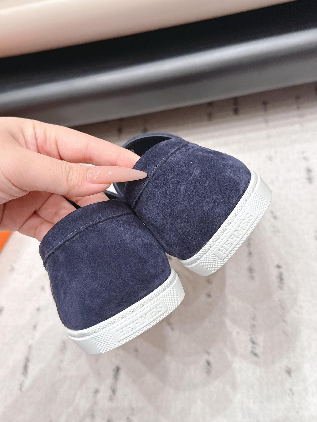 HM 26S KELLY PARIS LOAFERS IN NAVY BLUE SUEDE SILVER HARDWARE