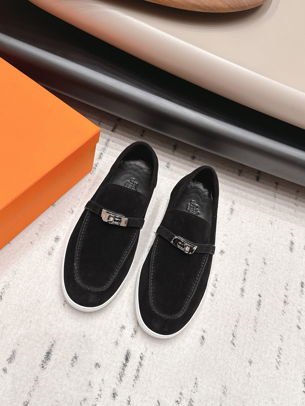 HM 26S KELLY PARIS LOAFERS IN BLACK SUEDE SILVER HARDWARE