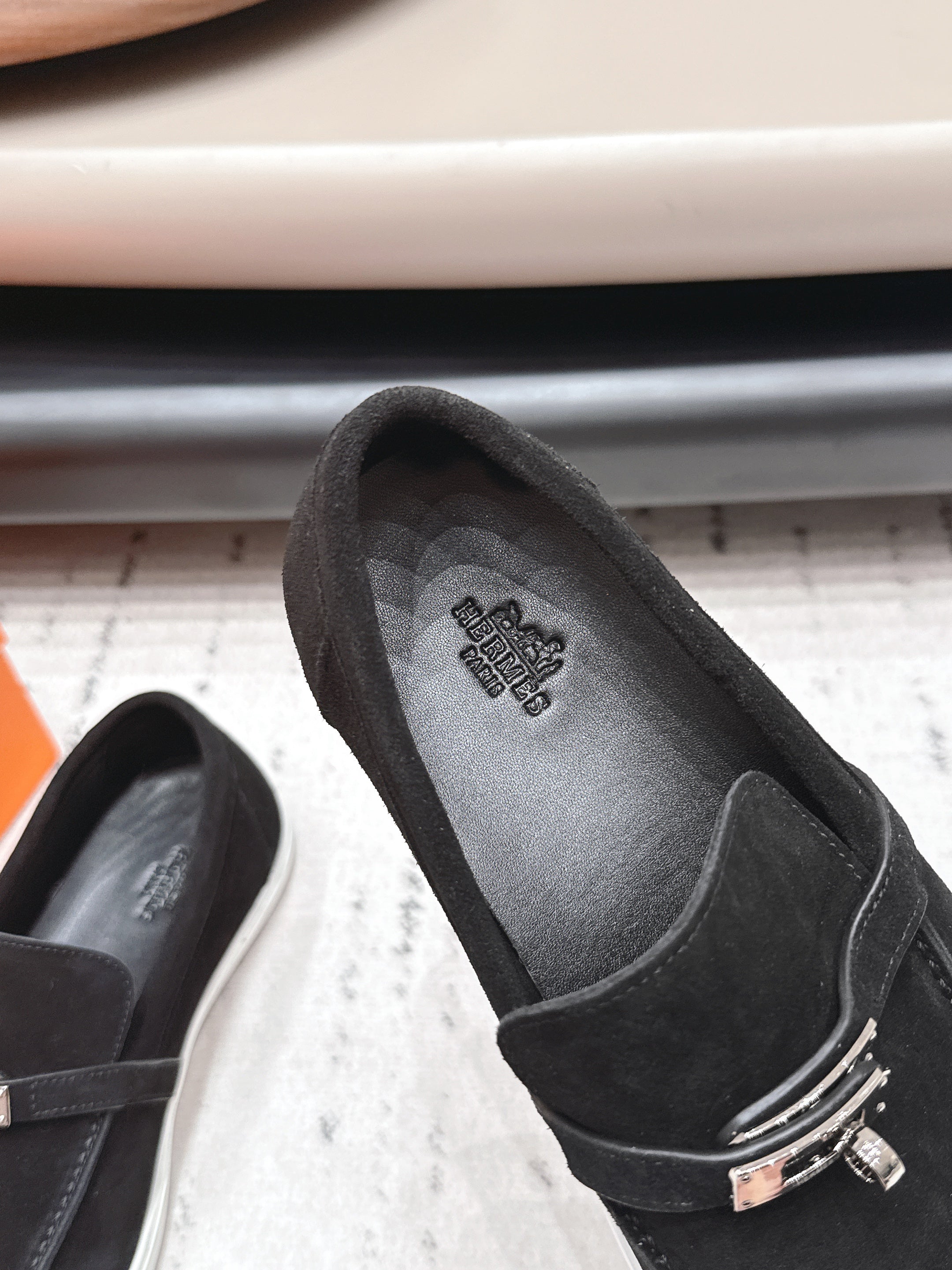 HM 26S KELLY PARIS LOAFERS IN BLACK SUEDE SILVER HARDWARE
