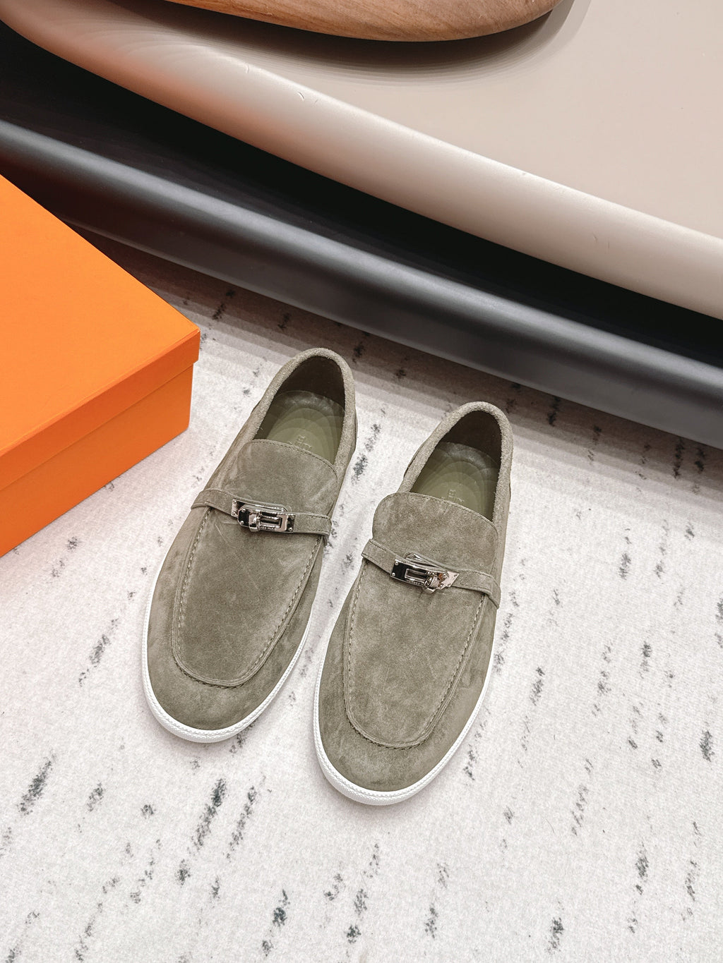 HM 26S KELLY PARIS LOAFERS IN OLIVE GREEN SUEDE SILVER HARDWARE