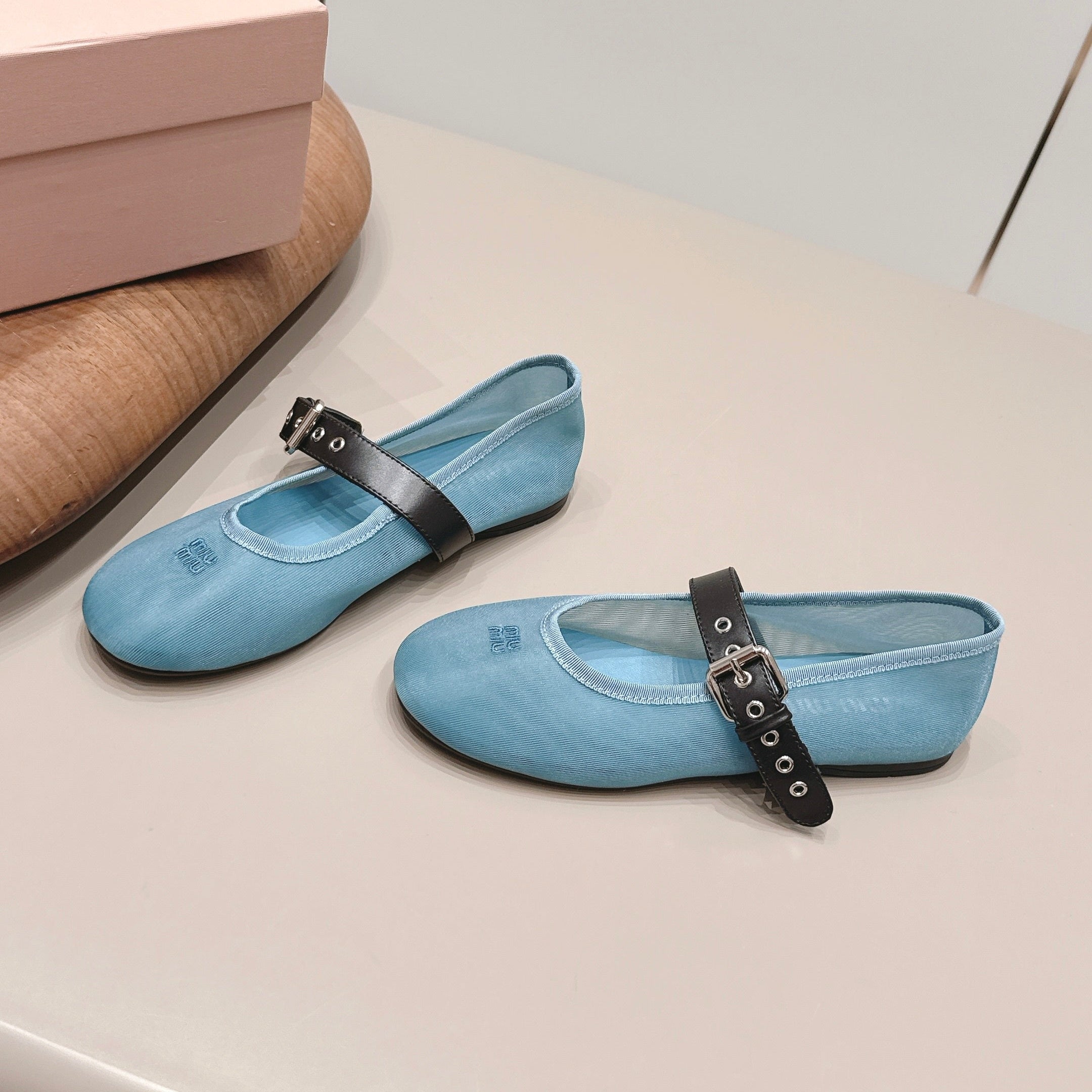 MIUMIU 26S BALLERINAS IN BLUE MESH AND BLACK CALFSKIN
