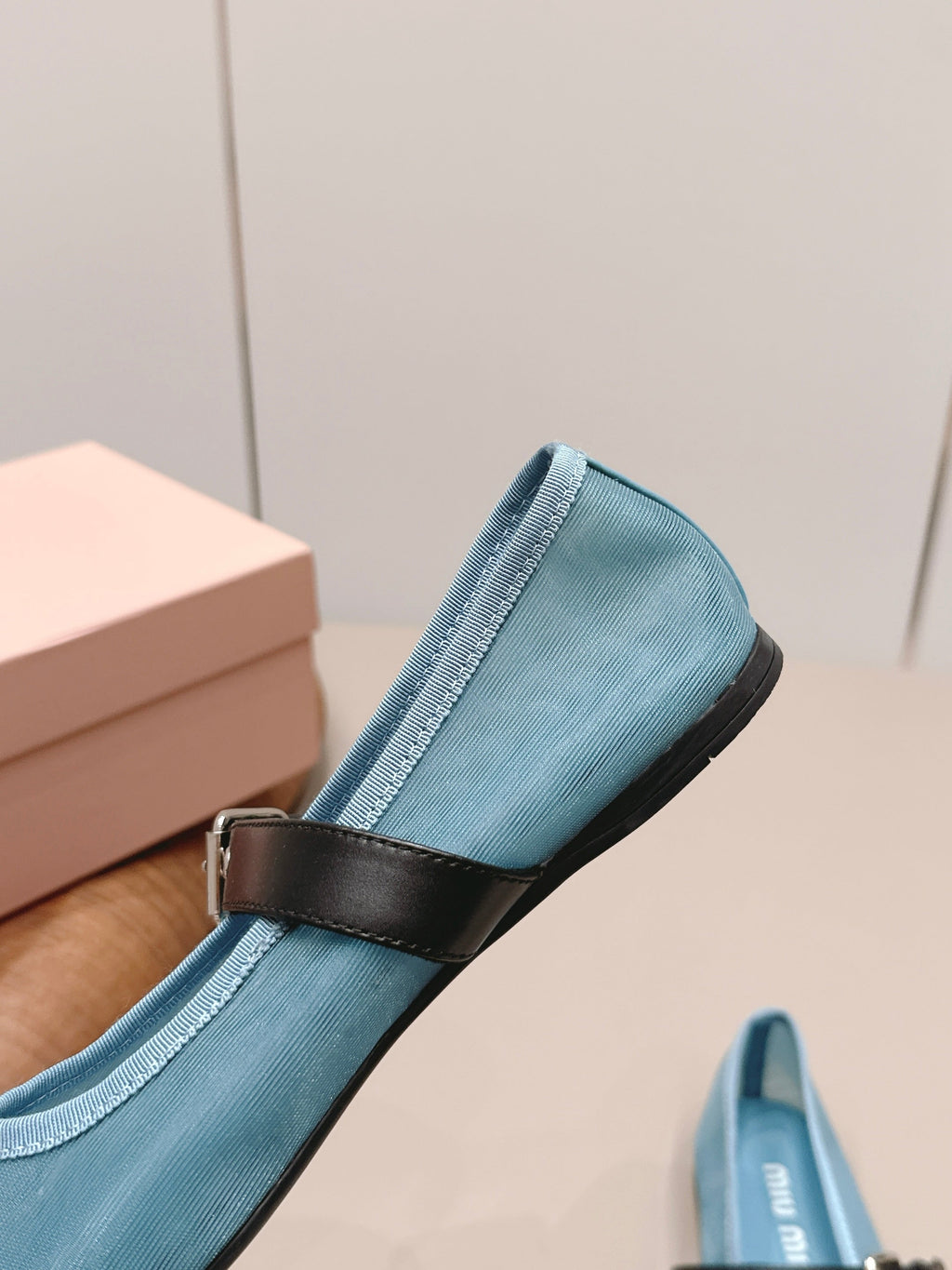 MIUMIU 26S BALLERINAS IN BLUE MESH AND BLACK CALFSKIN