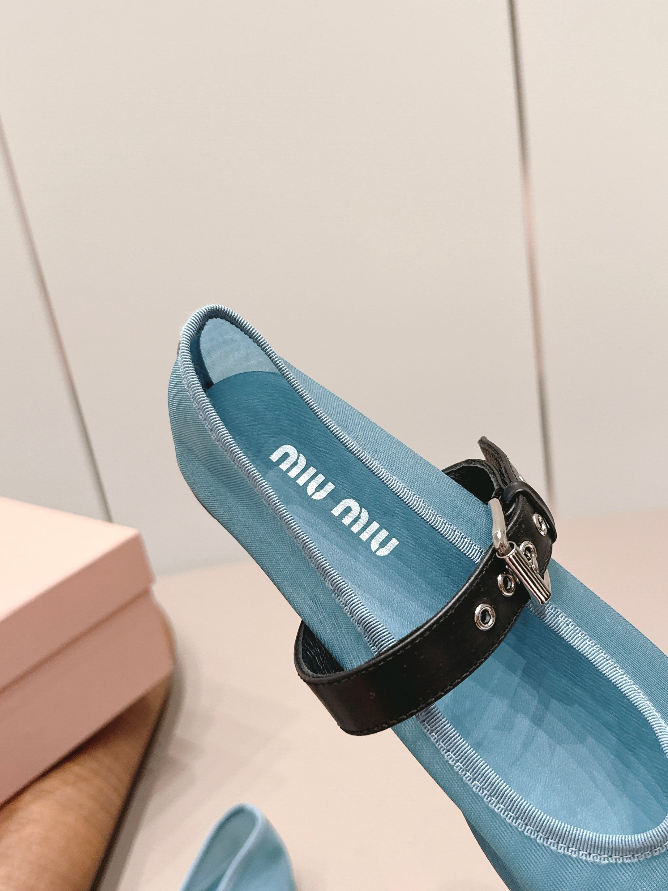 MIUMIU 26S BALLERINAS IN BLUE MESH AND BLACK CALFSKIN