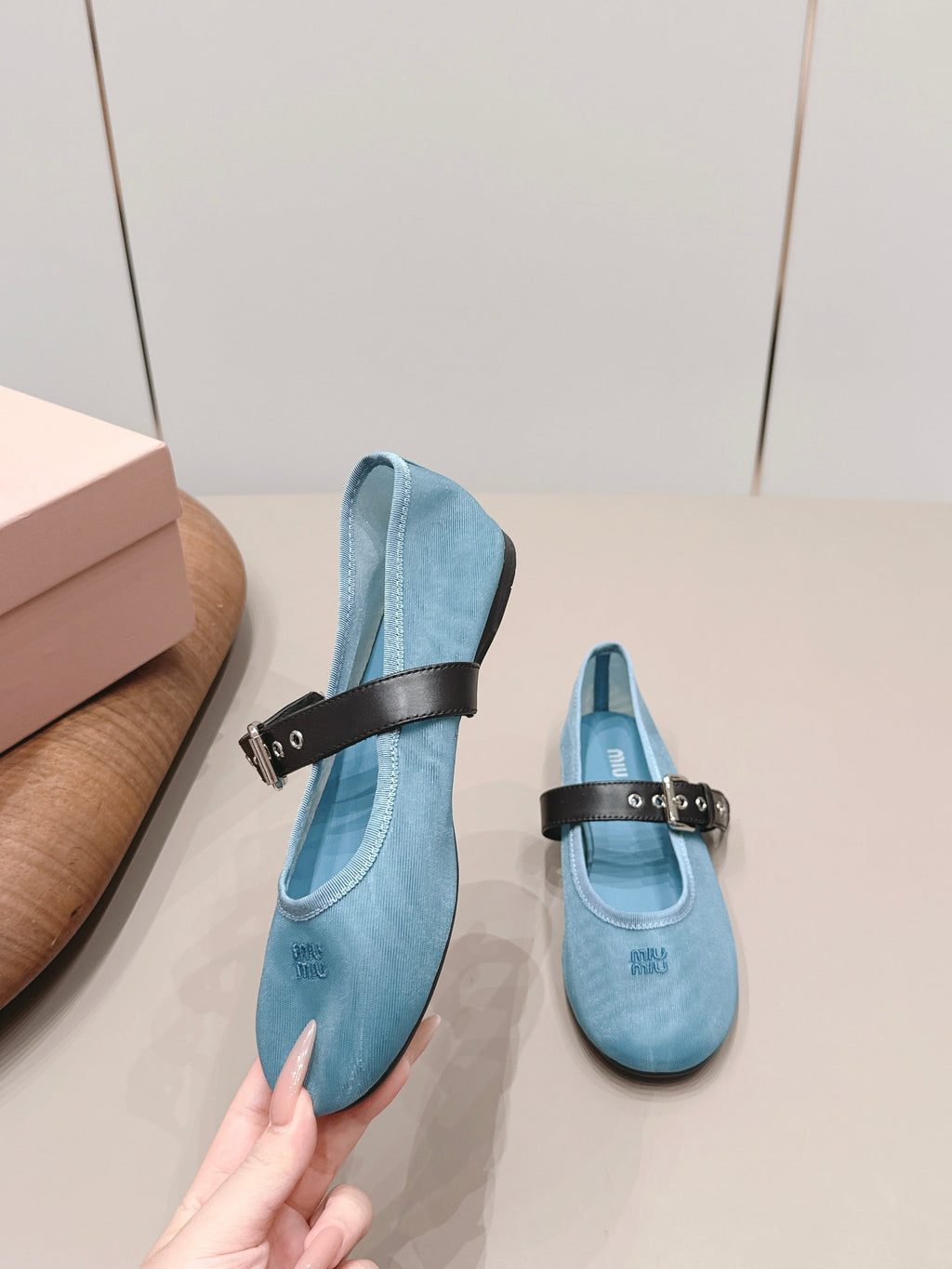 MIUMIU 26S BALLERINAS IN BLUE MESH AND BLACK CALFSKIN