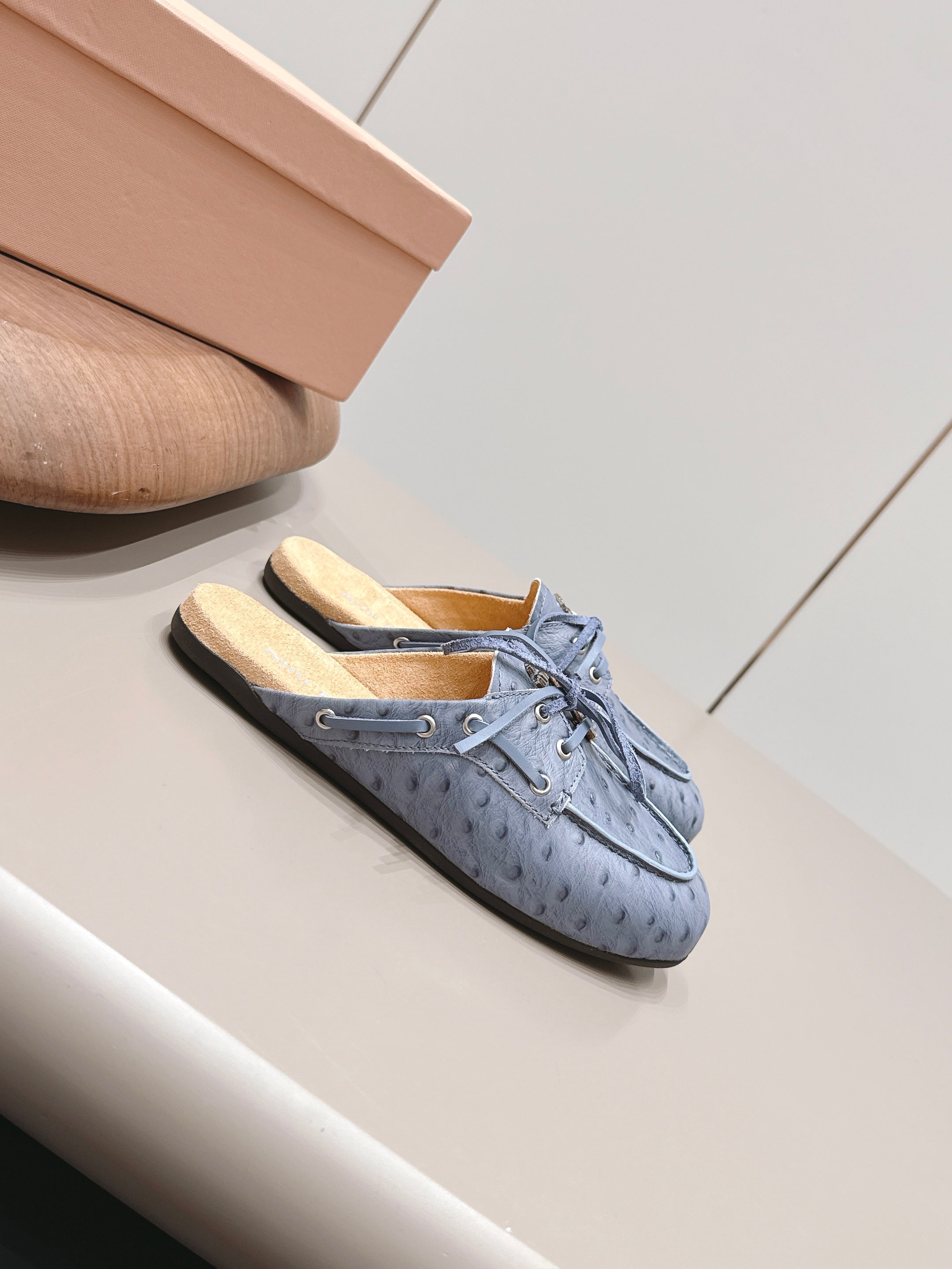 MIUMIU 26S LOAFER MULES IN BLUE CALFSKIN