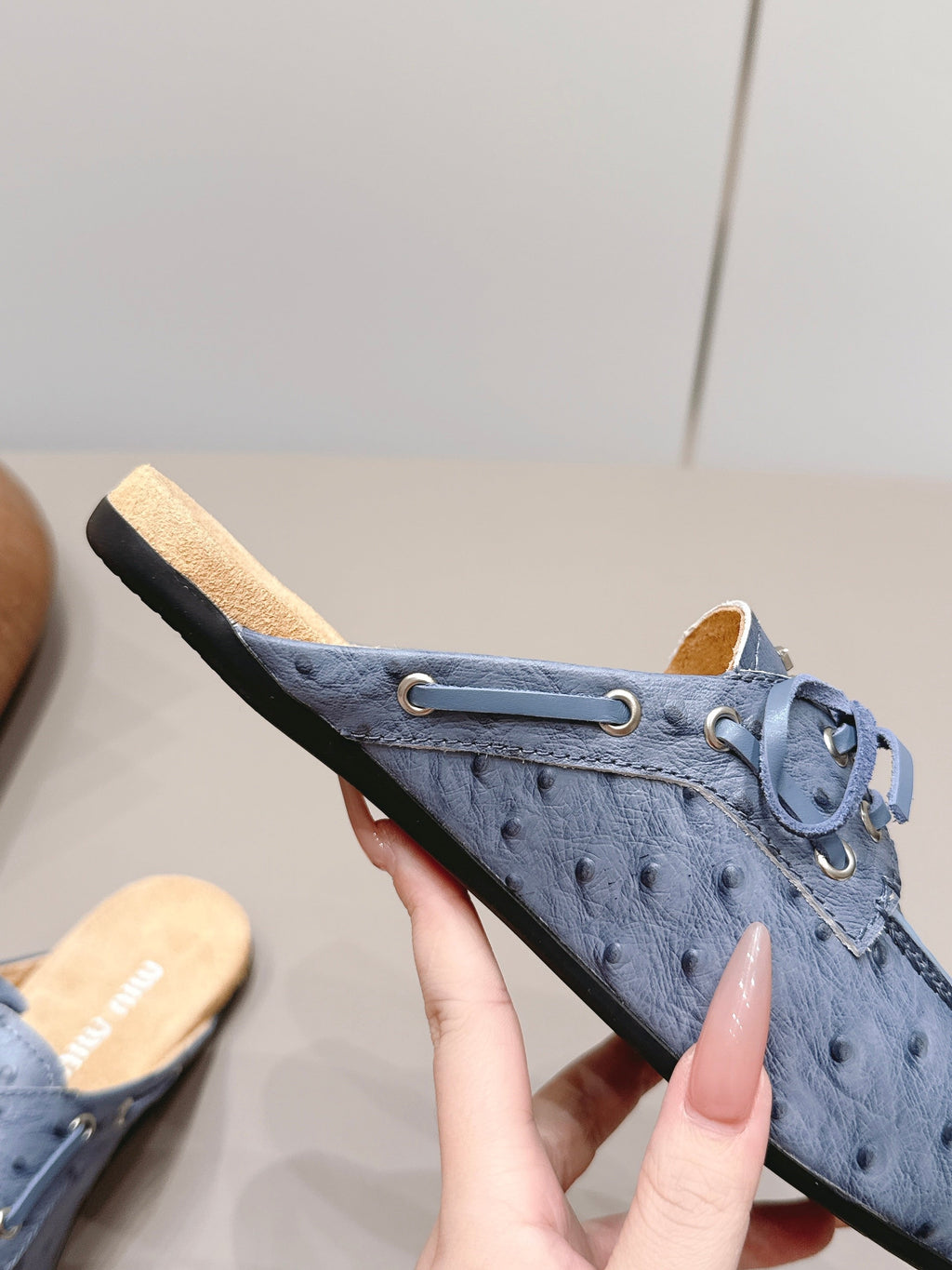 MIUMIU 26S LOAFER MULES IN BLUE CALFSKIN
