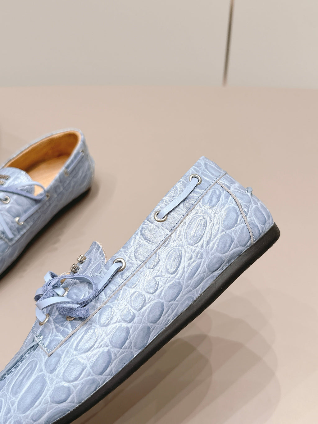 MIUMIU 26S BOAT SHOES IN BLUE EMBOSSED CALFSKIN