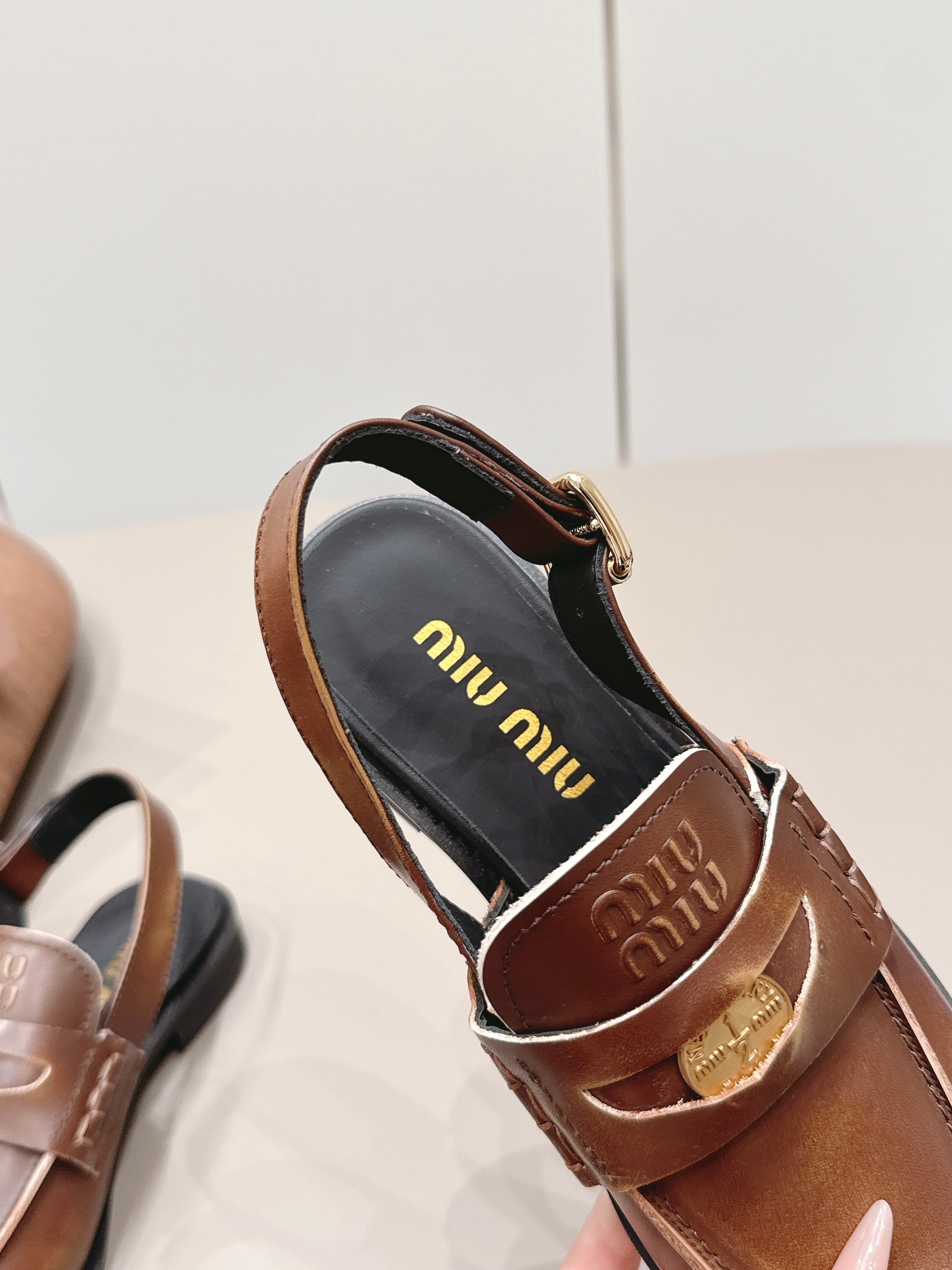 MIUMIU 26S PENNY SLINGBACK LOAFERS IN BROWN CALFSKIN GOLD HARDWARE