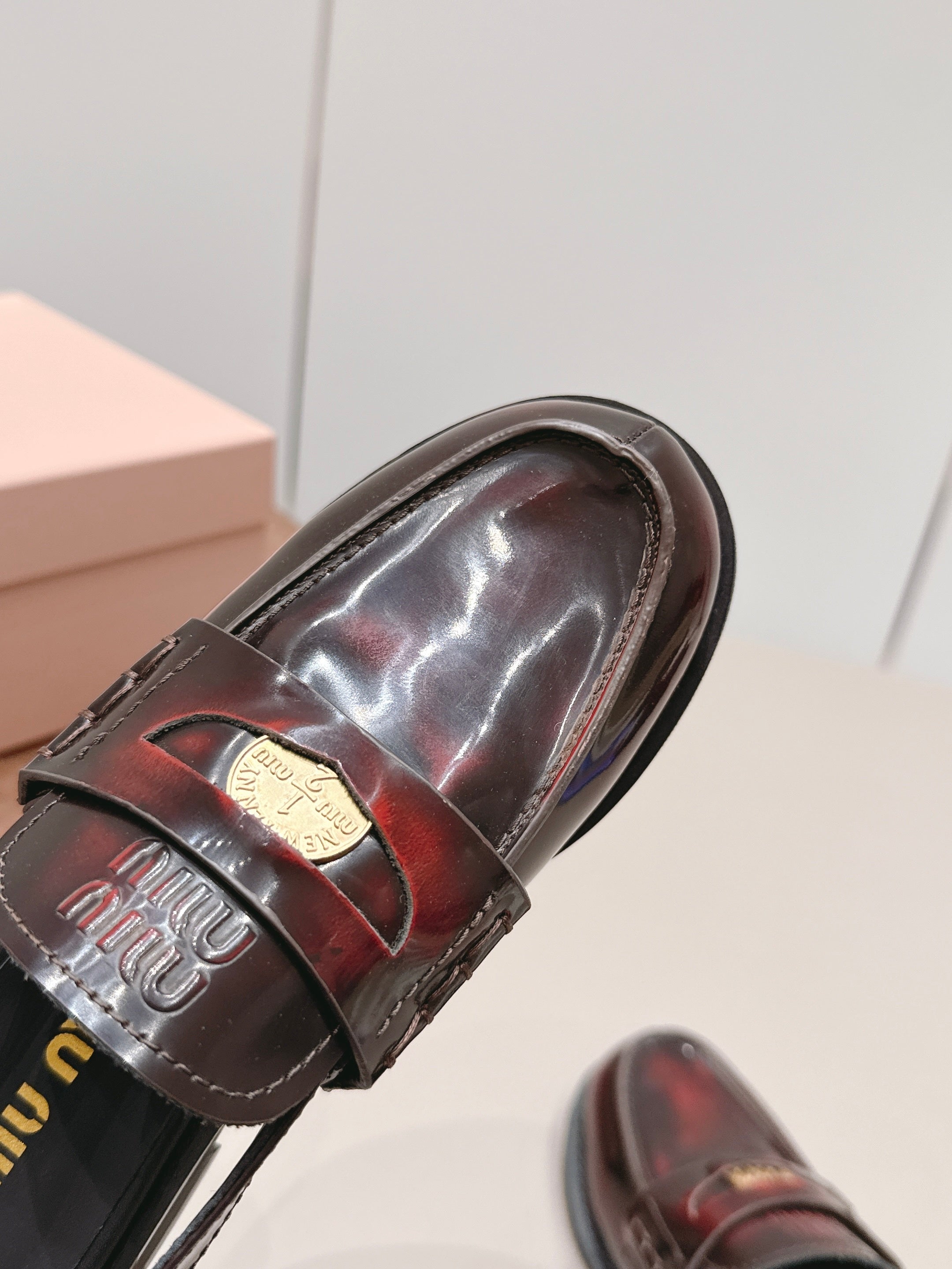 MIUMIU 26S PENNY SLINGBACK LOAFERS IN BURGUNDY RED CALFSKIN GOLD HARDWARE
