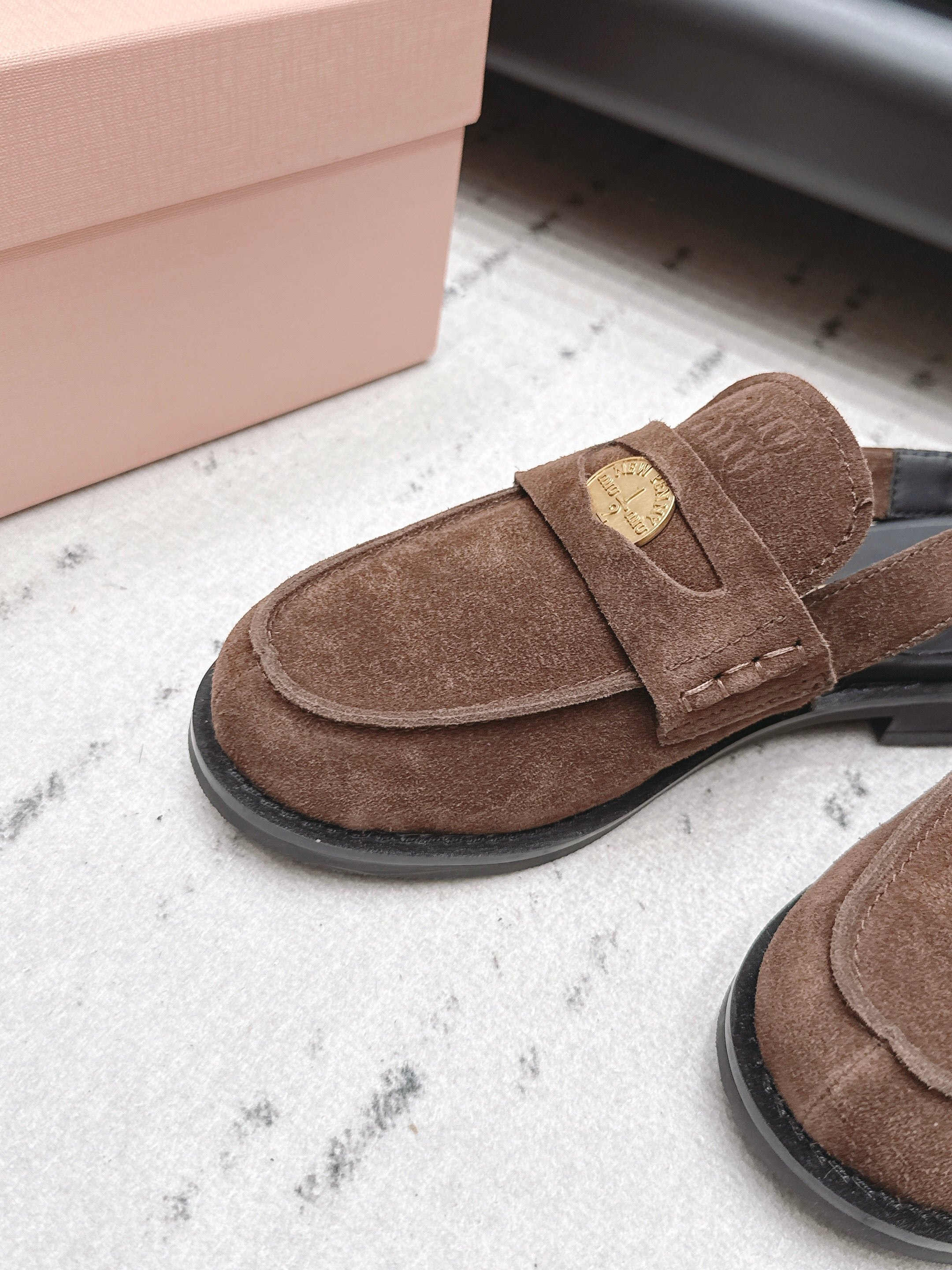 MIUMIU 26S PENNY SLINGBACK LOAFERS IN DARK BROWN SUEDE GOLD HARDWARE