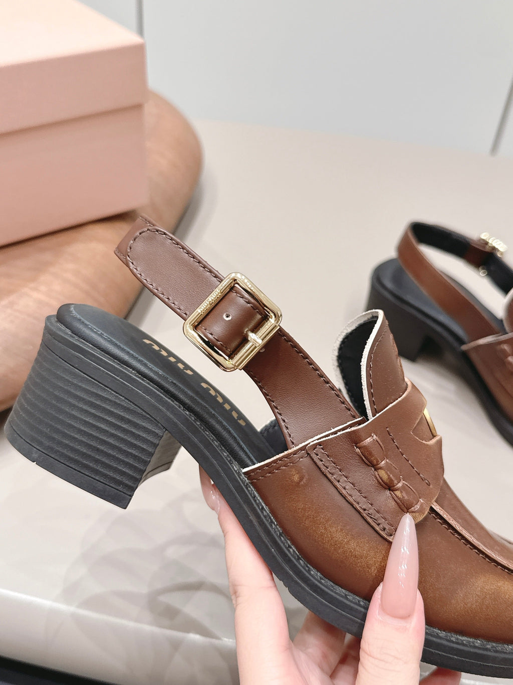 MIUMIU 26S BLOCK HEEL PENNY SLINGBACK LOAFERS 50MM IN BROWN CALFSKIN