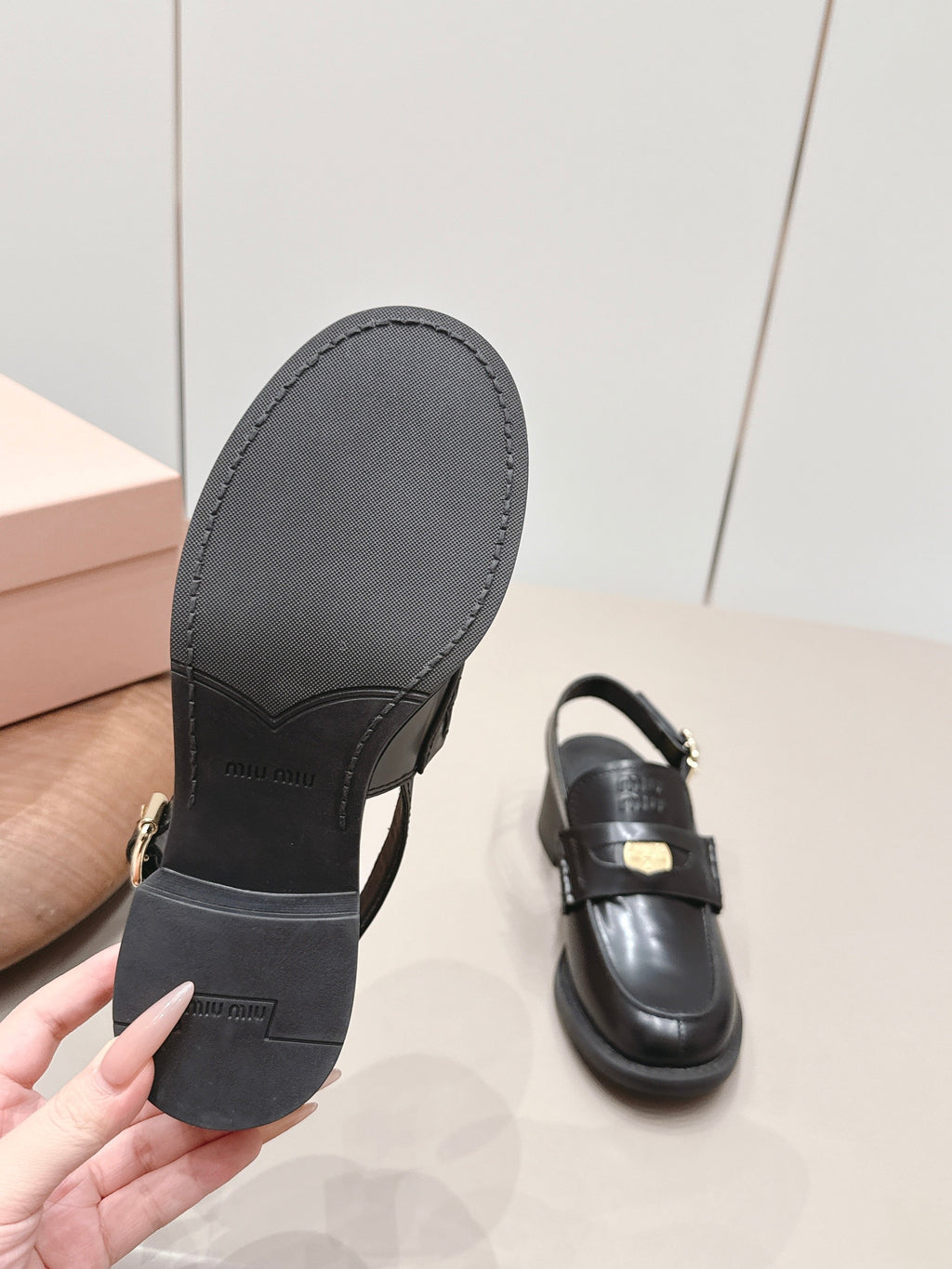 MIUMIU 26S BLOCK HEEL PENNY SLINGBACK LOAFERS 50MM IN BLACK CALFSKIN