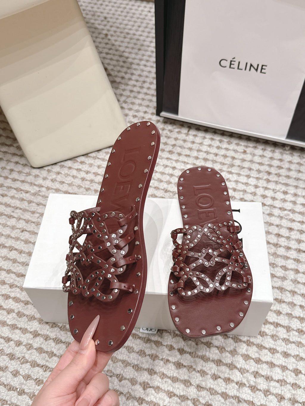 LOEWE 26S PETAL ANAGRAM SLIDE IN DARK BROWN CALFSKIN WITH STUDS