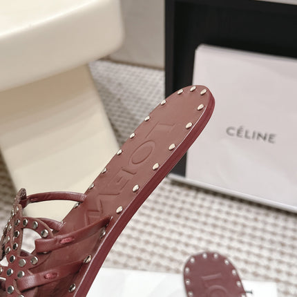 LOEWE 26S PETAL ANAGRAM SLIDE IN DARK BROWN CALFSKIN WITH STUDS
