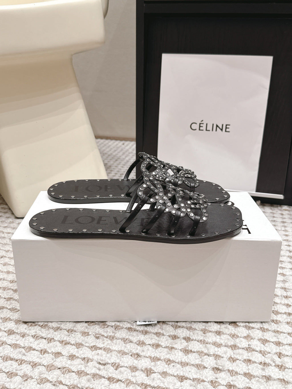 LOEWE 26S PETAL ANAGRAM SLIDE IN BLACK CALFSKIN WITH STUDS