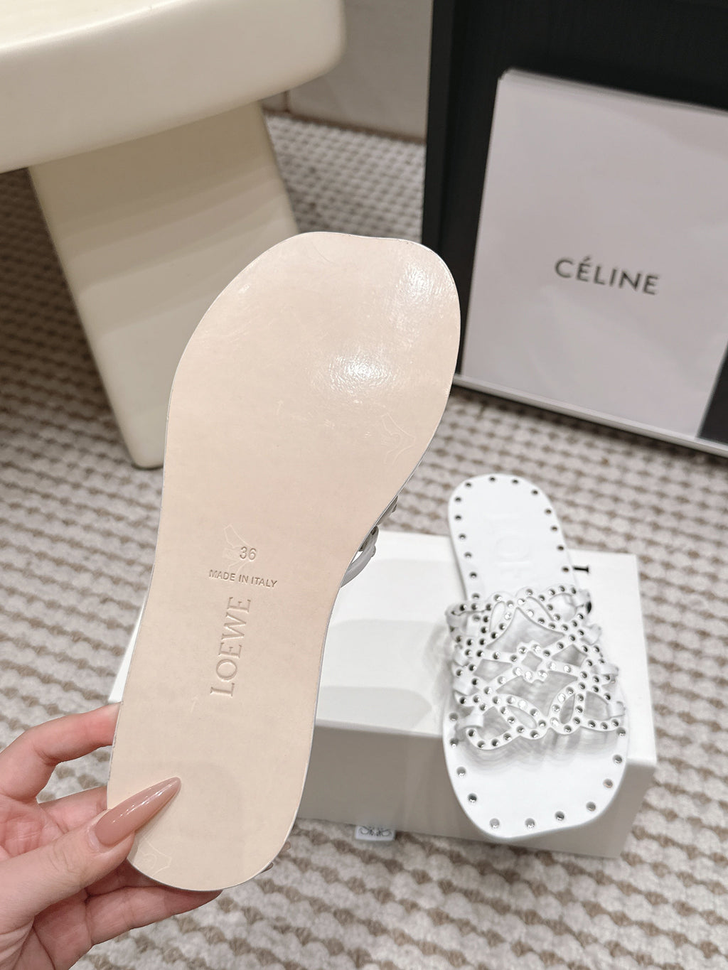 LOEWE 26S PETAL ANAGRAM SLIDE IN WHITE CALFSKIN WITH STUDS