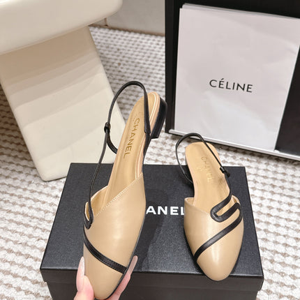 CHANEL 26S SLINGBACK FLATS IN BEIGE CALFSKIN WITH BLACK TRIM