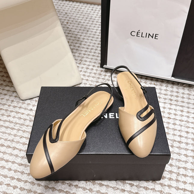 CHANEL 26S SLINGBACK FLATS IN BEIGE CALFSKIN WITH BLACK TRIM